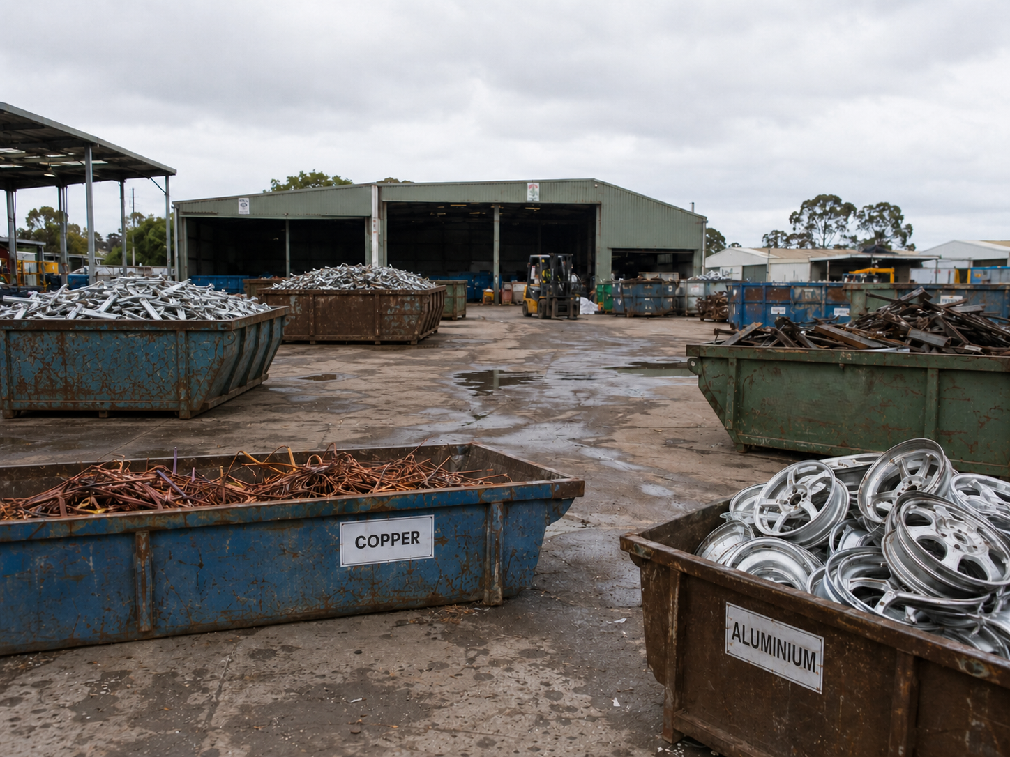 Sorting area with labelled metal bins